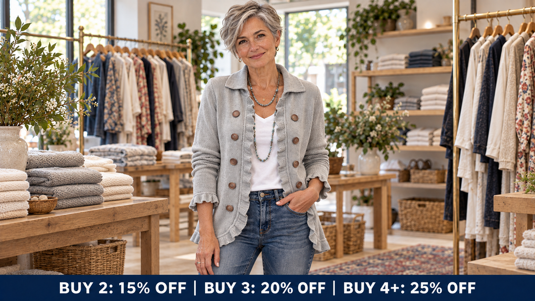 Mature model wearing the grey Theodora knit jacket in the Jane & Grace boutique