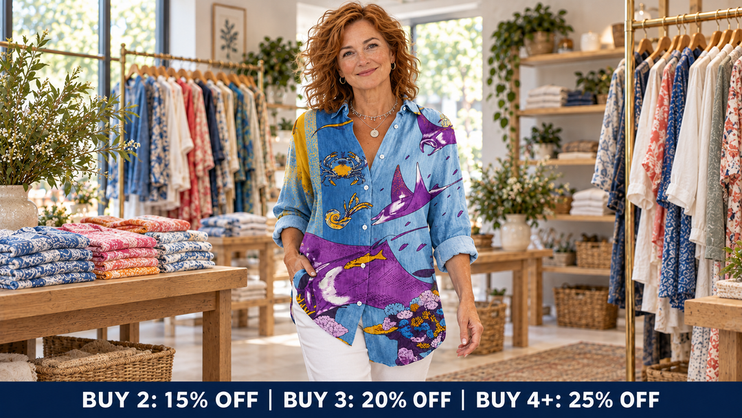 Mature model wearing the blue and purple Linda blouse inside the Jane & Grace boutique