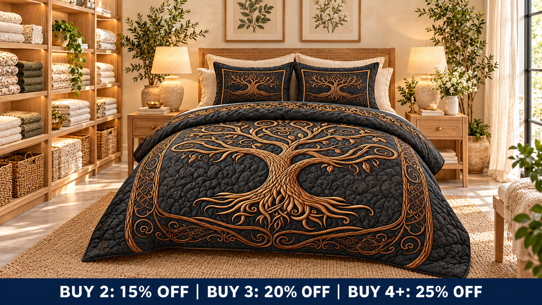 Golden Harmony quilted bed set in the home linen corner of Jane & Grace
