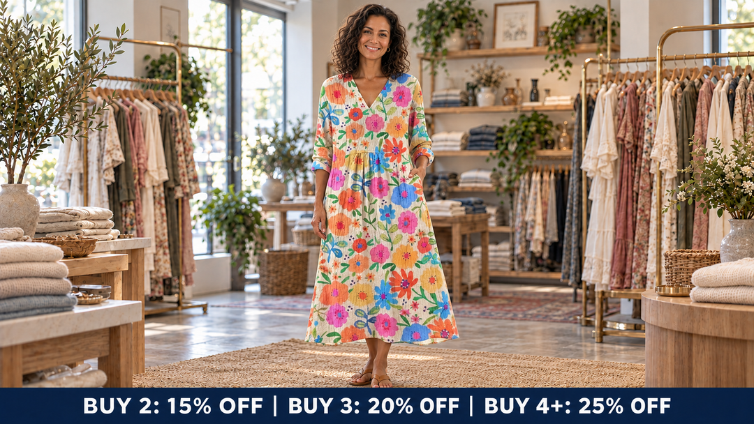 Woman wearing the colourful floral Emma Natural Dress inside Jane & Grace