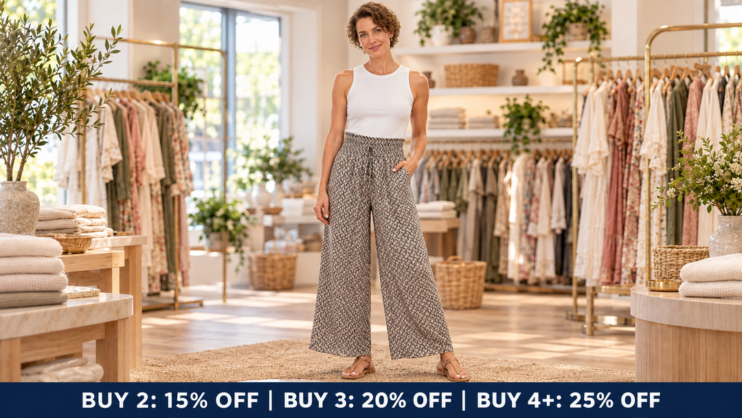 Model in her late thirties wearing the patterned Mavilda wide-leg trousers in the Jane & Grace boutique