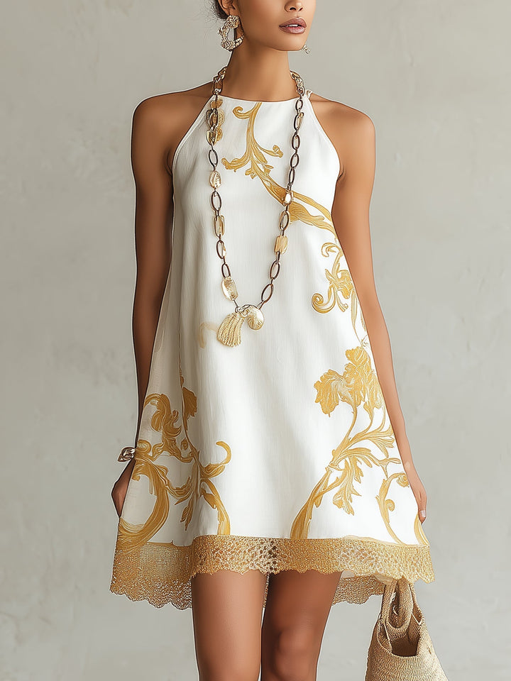 Héloïse | Mini Lace Dress in White with Golden Patterns