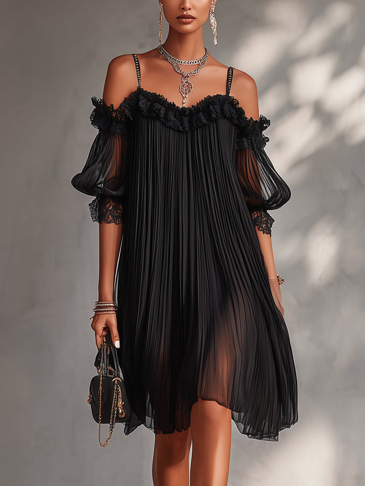 Camille | Black Chiffon Mini Dress with Off-Shoulder Design and Lace Trim