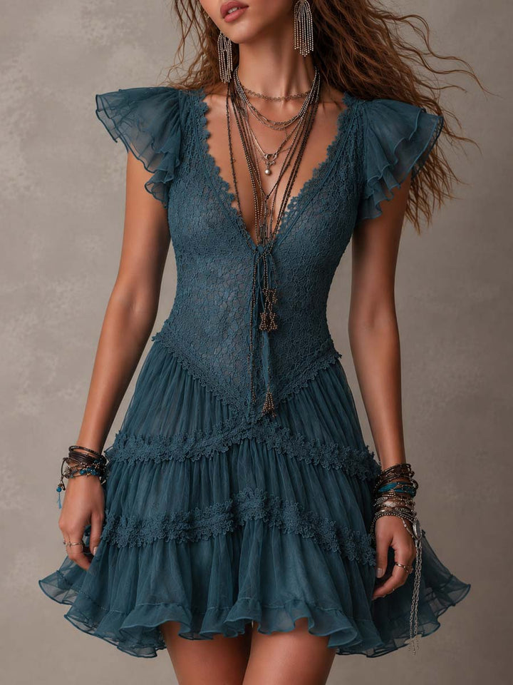 Delphine | Mini Ruffle Dress in Retro Blue Lace and Chiffon
