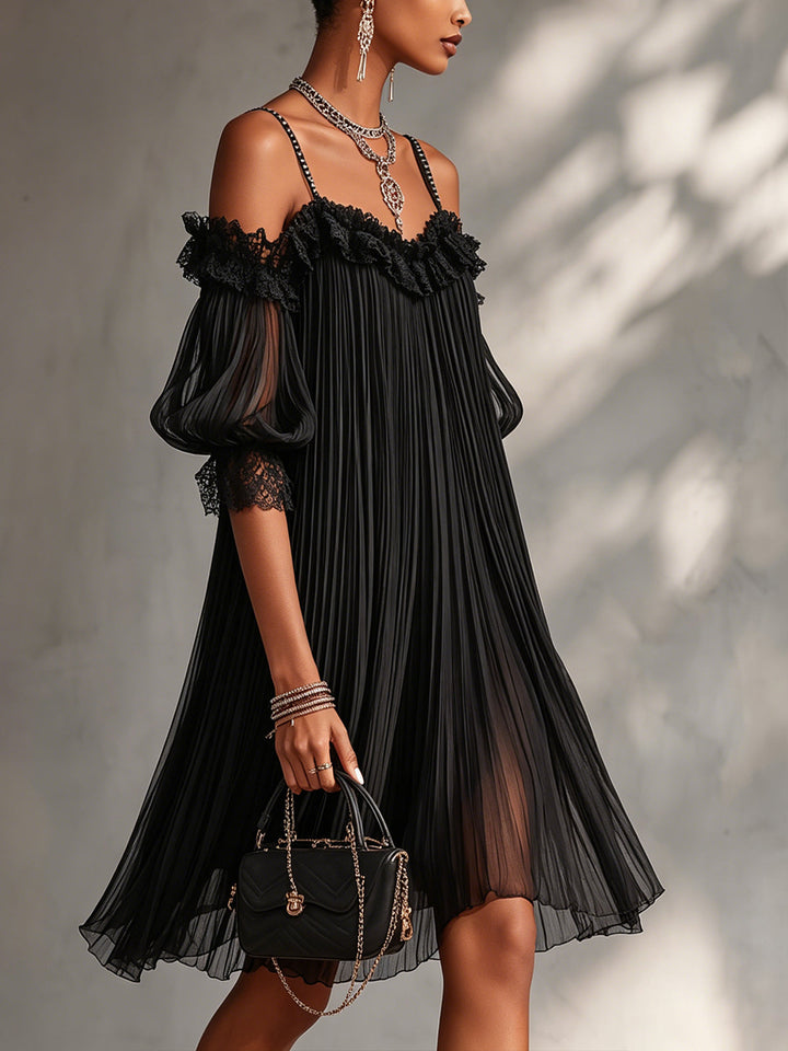 Camille | Black Chiffon Mini Dress with Off-Shoulder Design and Lace Trim