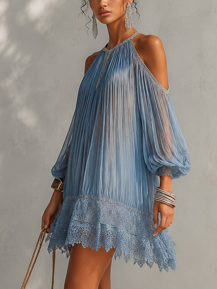 Séraphine | Blue Mini Dress with Off-the-Shoulder Ruffles and Lace Hem