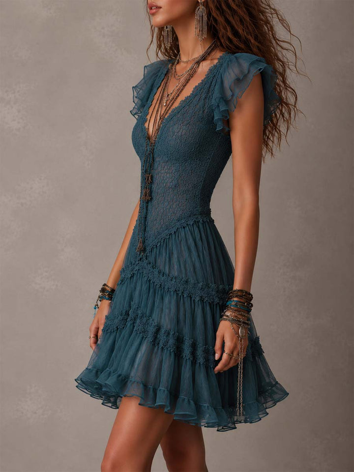 Delphine | Mini Ruffle Dress in Retro Blue Lace and Chiffon