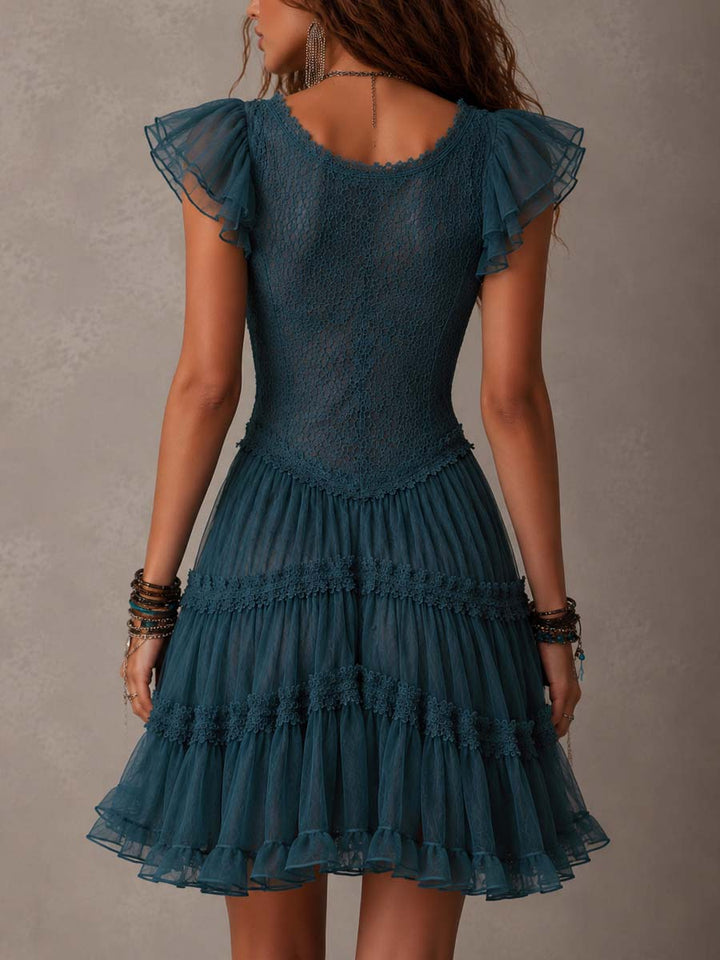 Delphine | Mini Ruffle Dress in Retro Blue Lace and Chiffon