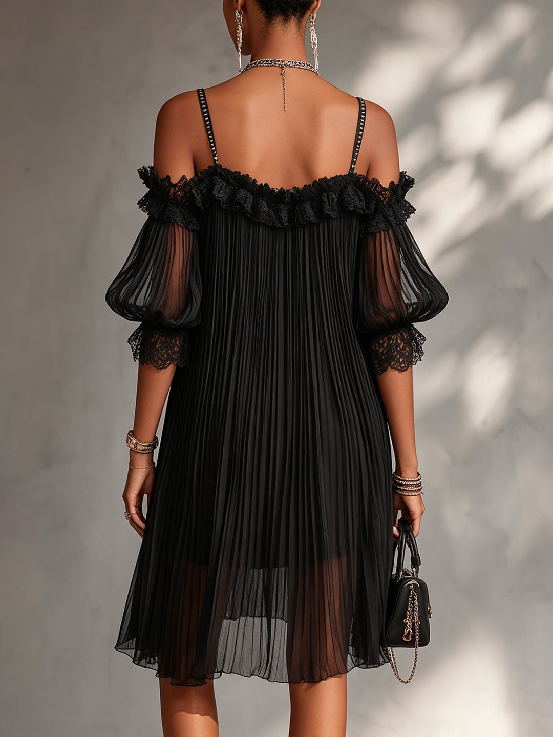 Camille | Black Chiffon Mini Dress with Off-Shoulder Design and Lace Trim