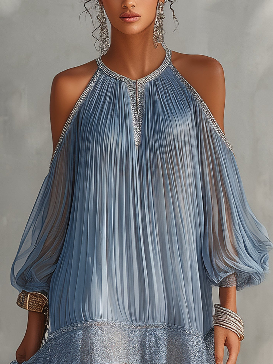 Séraphine | Blue Mini Dress with Off-the-Shoulder Ruffles and Lace Hem
