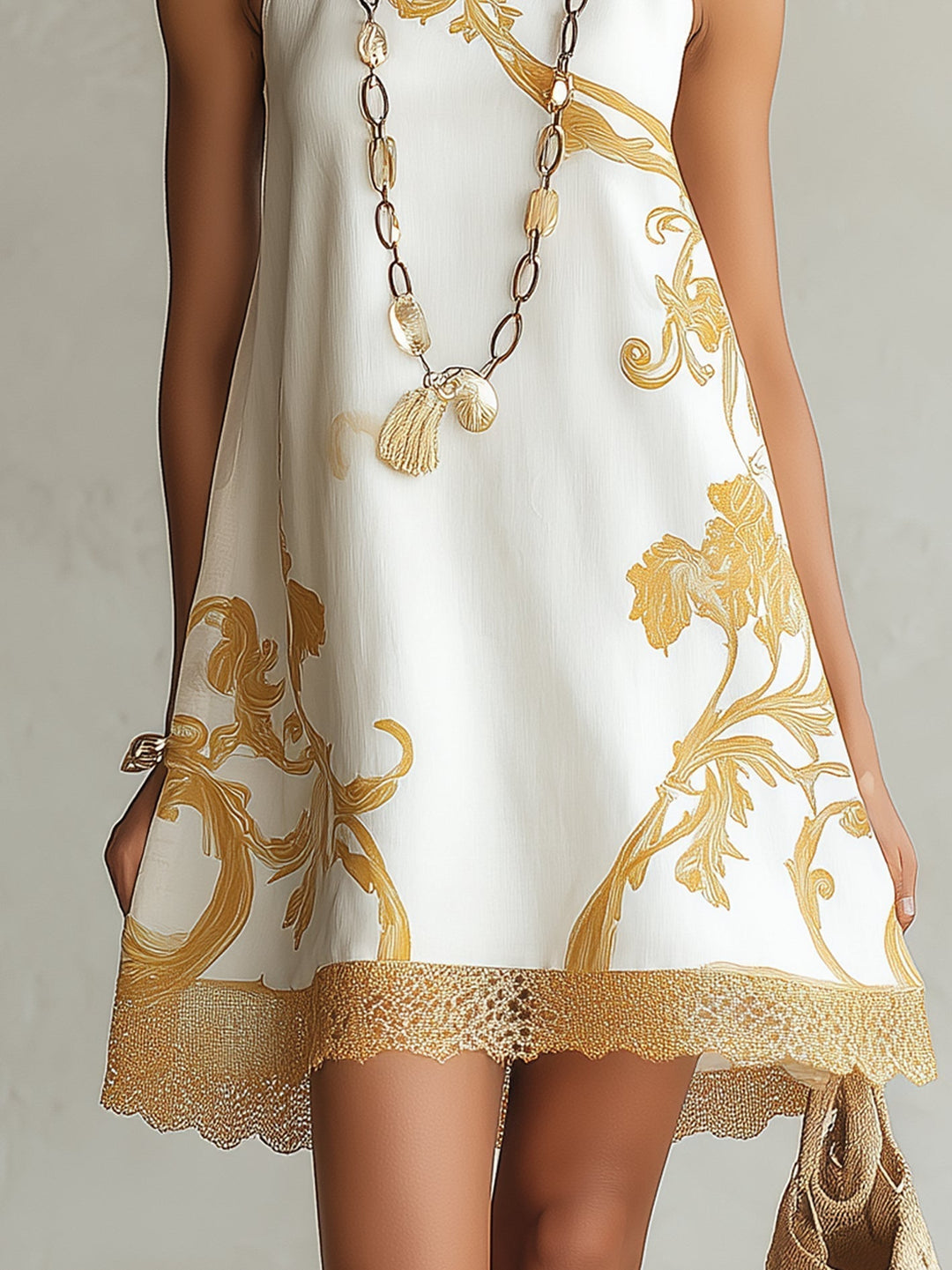 Héloïse | Mini Lace Dress in White with Golden Patterns
