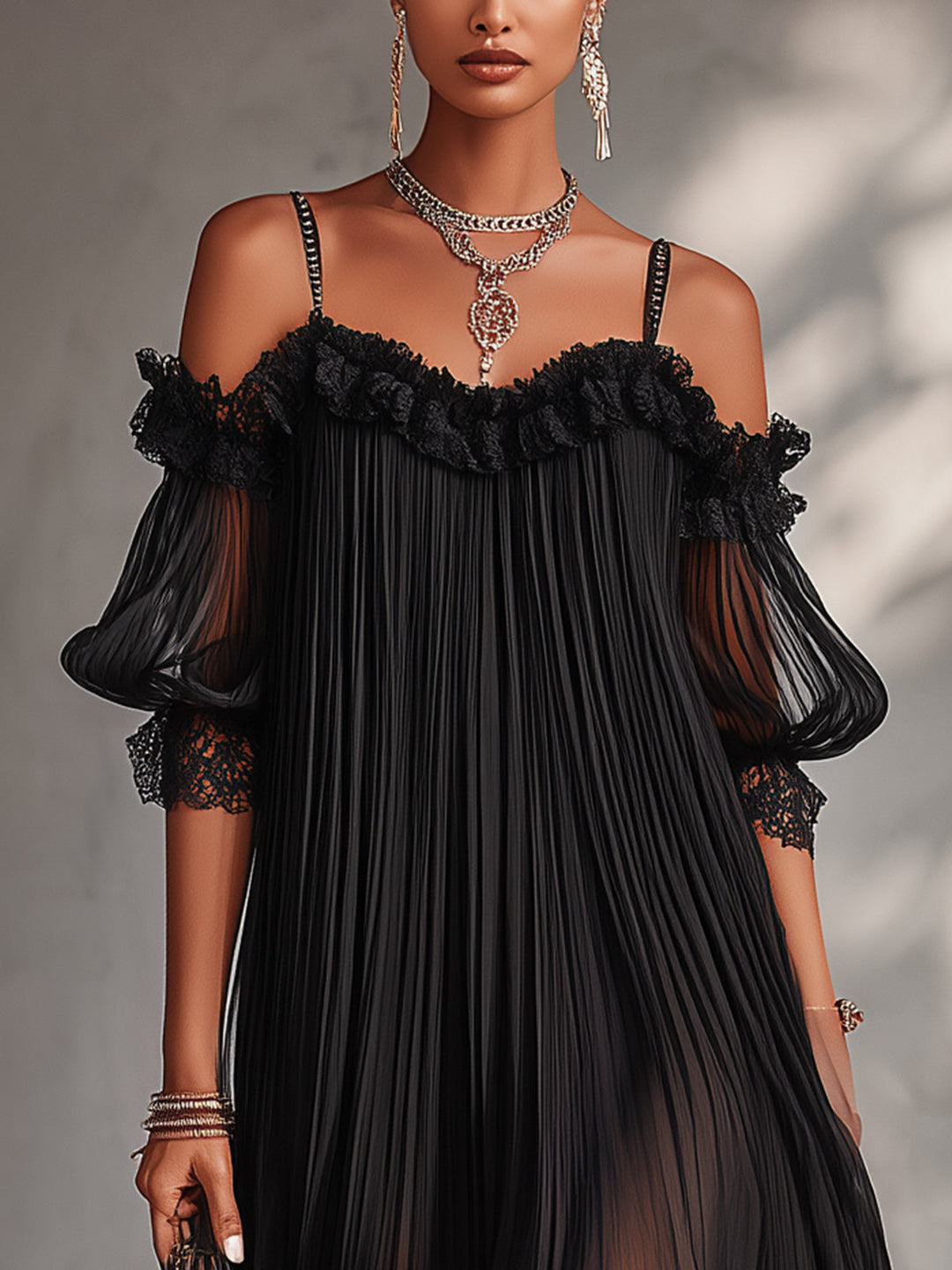 Camille | Black Chiffon Mini Dress with Off-Shoulder Design and Lace Trim