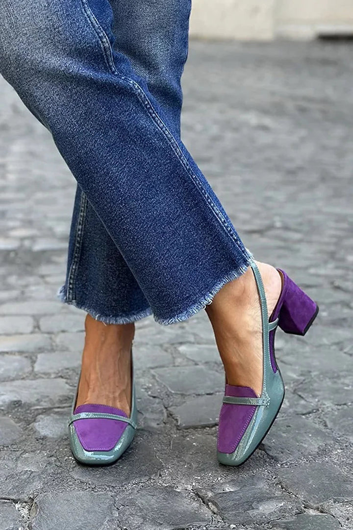 Wide-heeled patchwork violet slingbacks with square toe