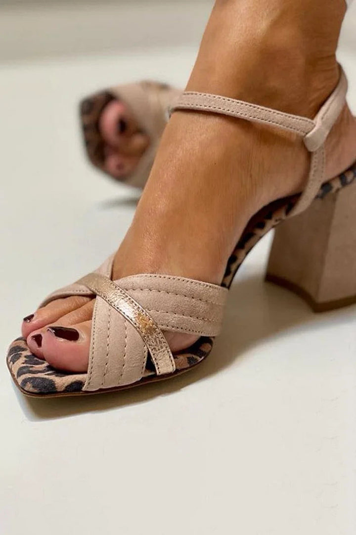 Wide peep toe leopard print patchwork heels Khaki