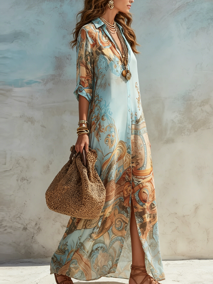 Blue Floral Baroque Chiffon Maxi Dress