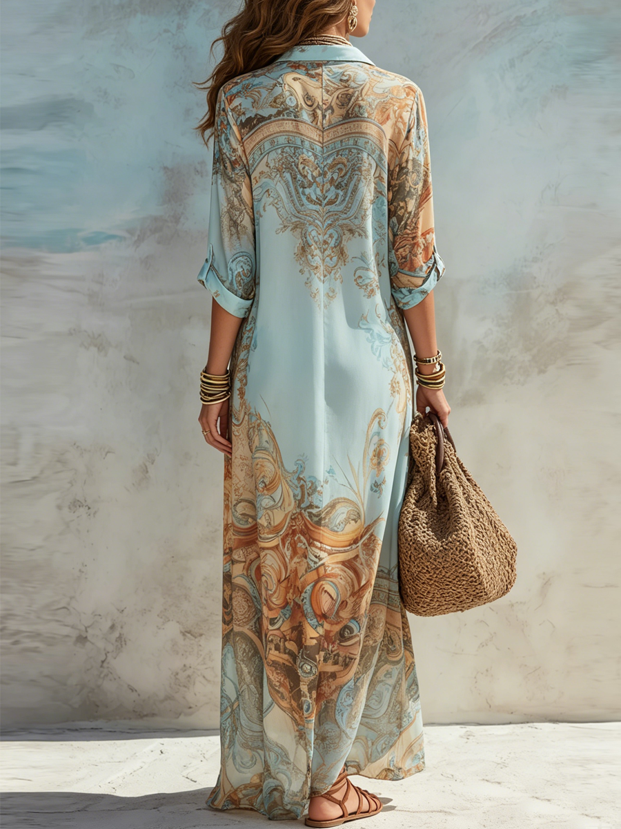 Blue Floral Baroque Chiffon Maxi Dress
