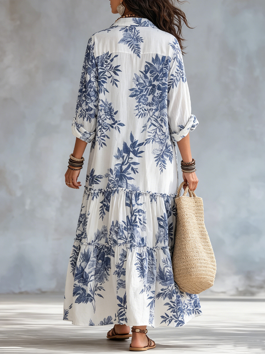 Blue Floral Bohemian Maxi Dress with Buttons