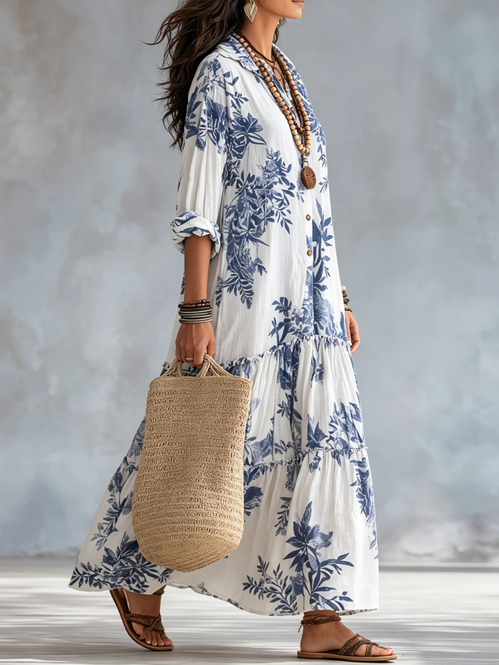 Blue Floral Bohemian Maxi Dress with Buttons