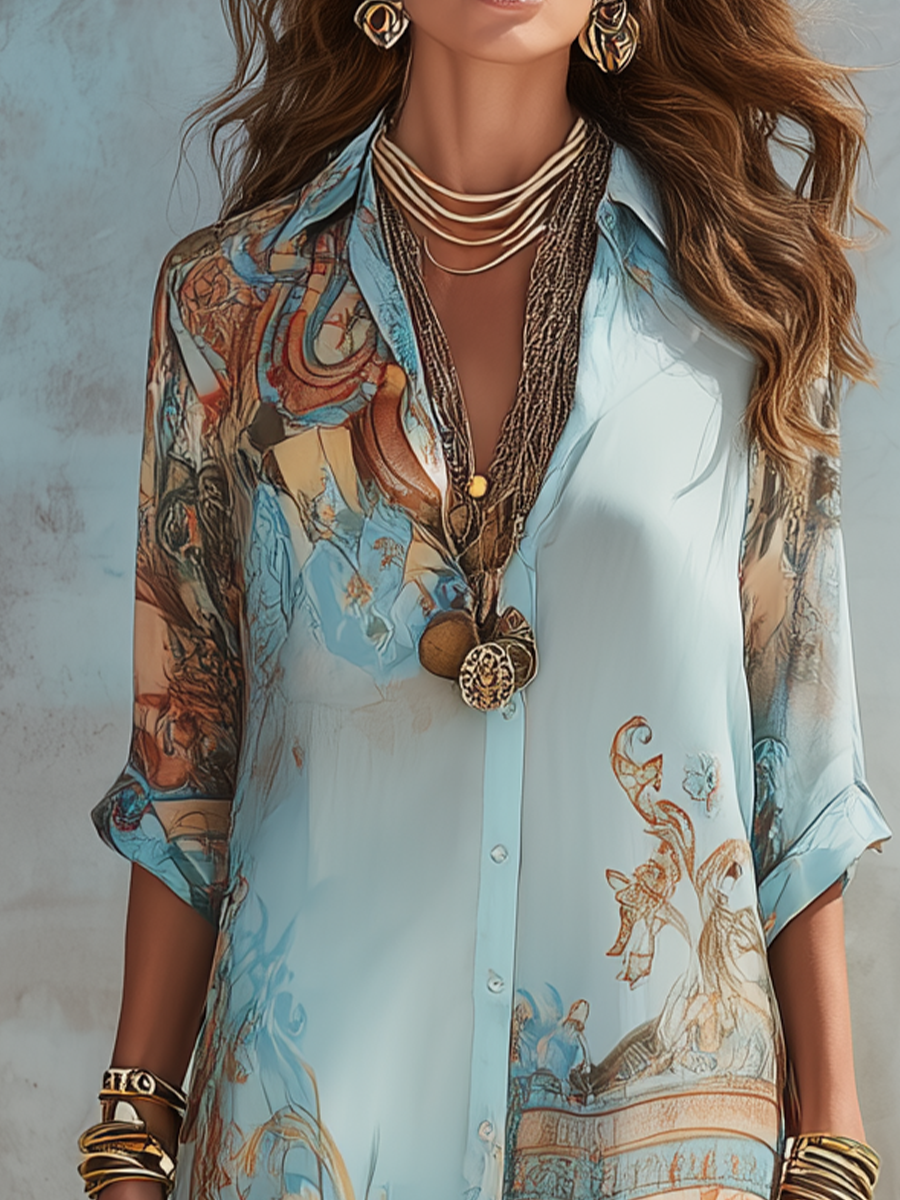 Blue Floral Baroque Chiffon Maxi Dress