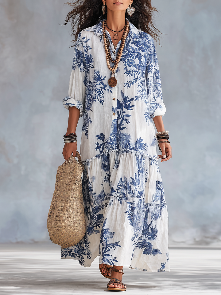Blue Floral Bohemian Maxi Dress with Buttons