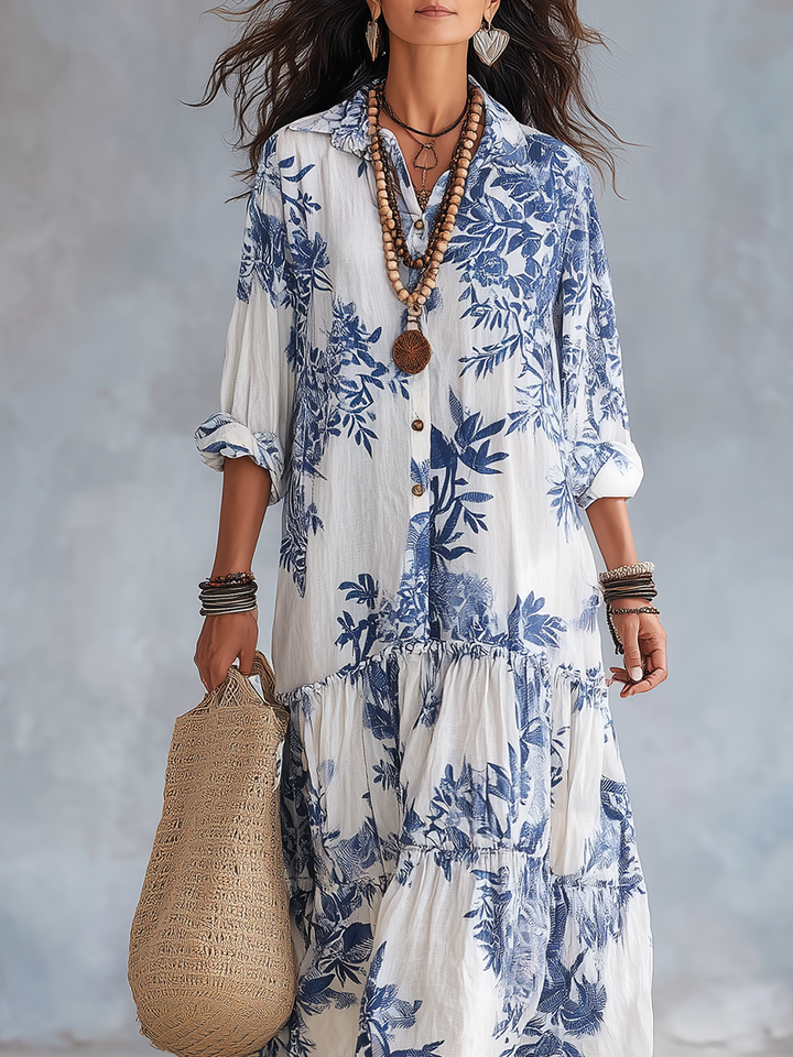 Blue Floral Bohemian Maxi Dress with Buttons