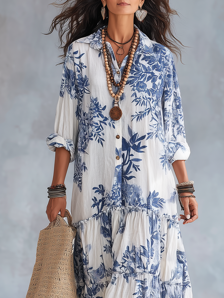 Blue Floral Bohemian Maxi Dress with Buttons