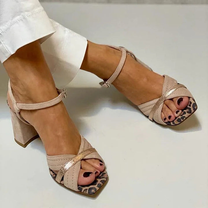 Wide peep toe leopard print patchwork heels Khaki