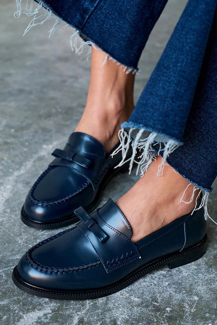 Navy Blue Patchwork Loafers with Round Toe and Bow