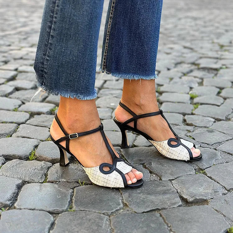 Open Toe Contrast Stiletto Heels with T-Strap