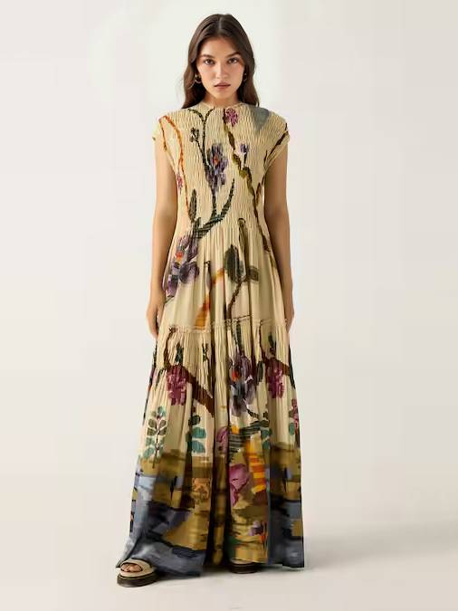 Printed Pleated Maxi Dress