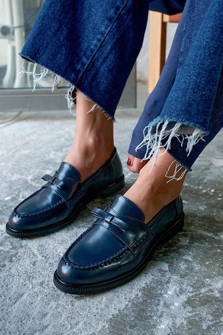 Navy Blue Patchwork Loafers with Round Toe and Bow