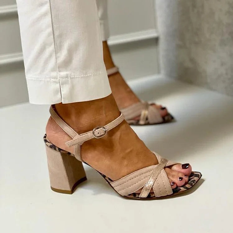 Wide peep toe leopard print patchwork heels Khaki