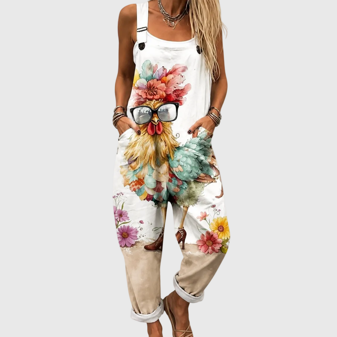 Comfortable Floral Overall with Chickens