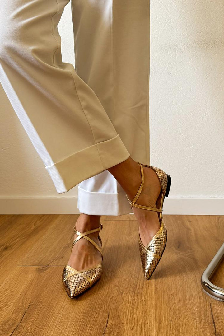 Metallic Gold Pointed Ballerinas with Buckle and Crossed Straps