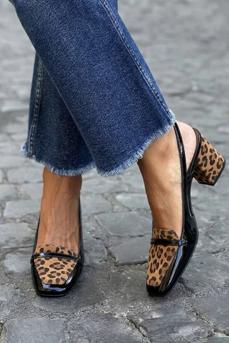 Wide-heeled patchwork violet slingbacks with square toe