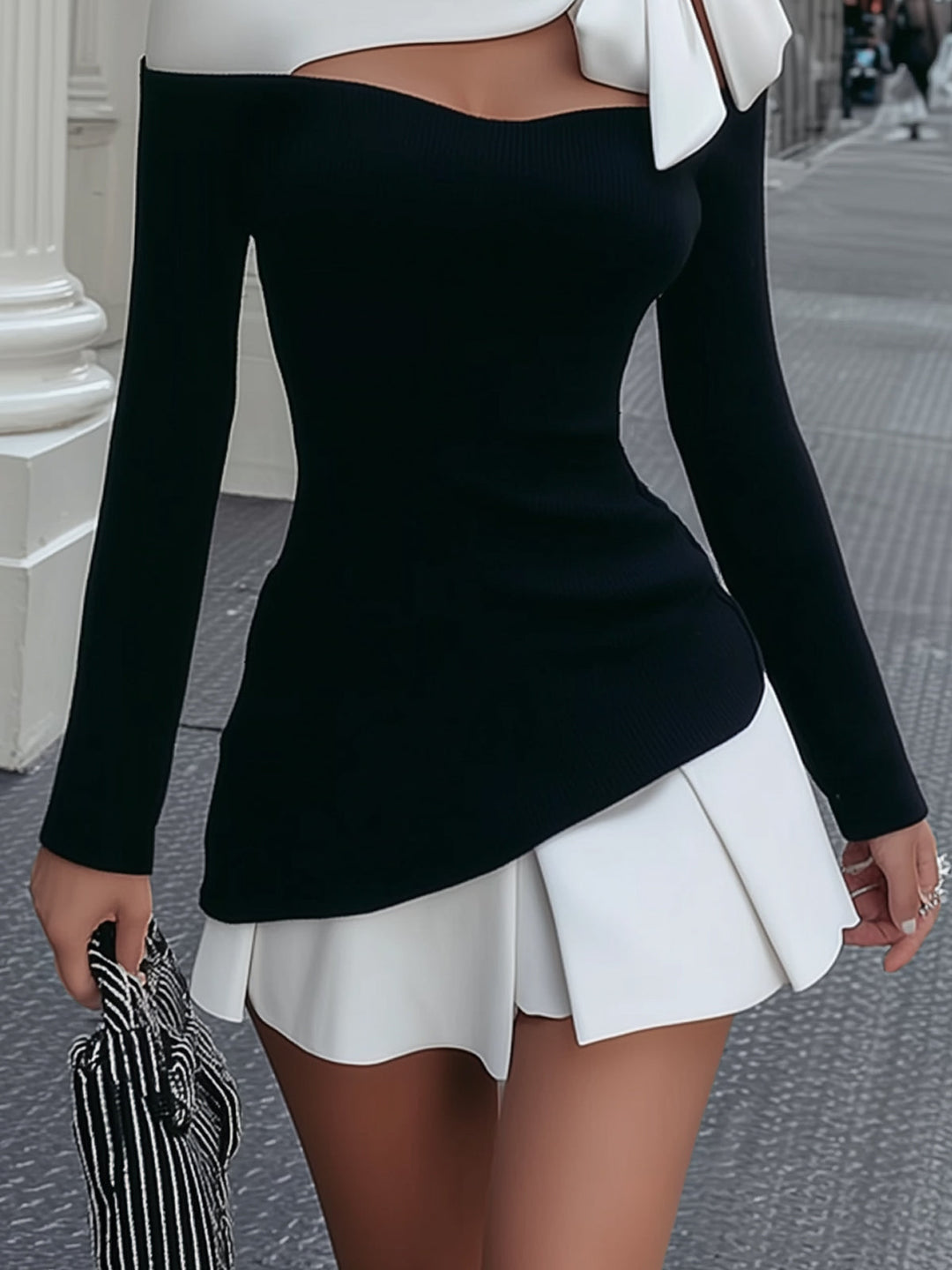 Faustine | White and Black Mini Dress with Strap and Sewn Bow