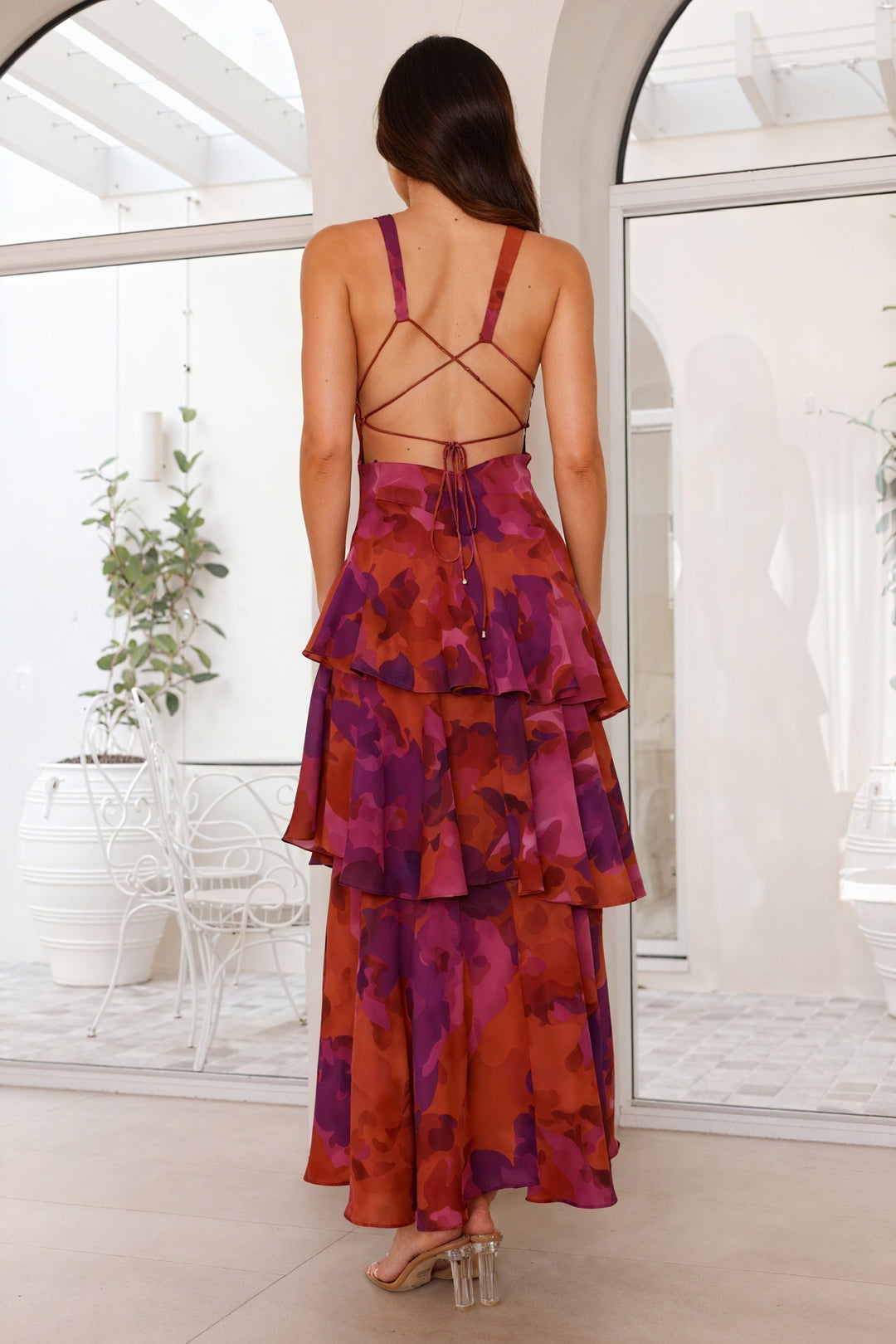 Dress with Floral Print and Deep V-Neck