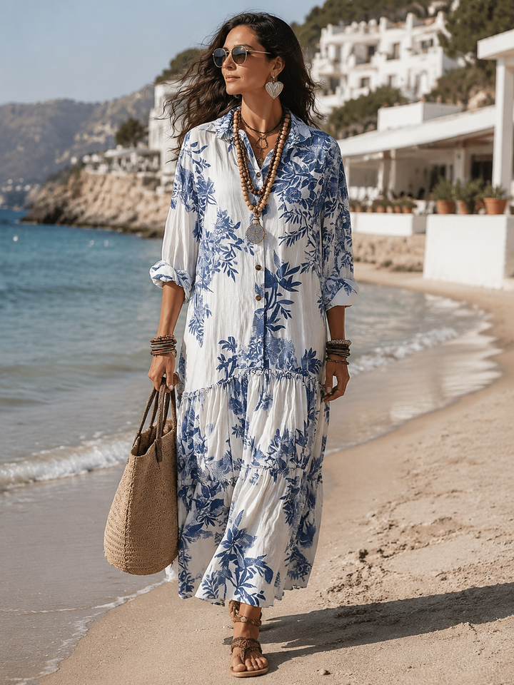 Blue Floral Bohemian Maxi Dress with Buttons