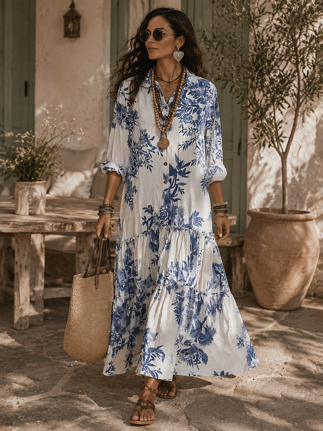 Blue Floral Bohemian Maxi Dress with Buttons