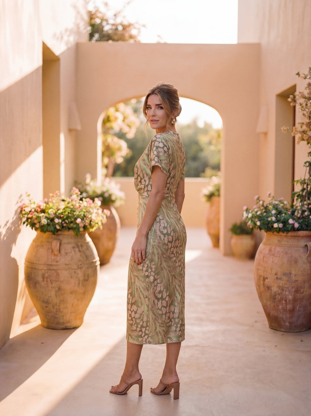 Midi dress with a flattering effect, central knot, and flowing drape