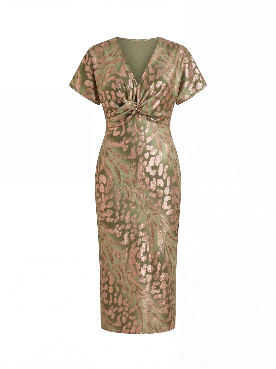 Midi dress with a flattering effect, central knot, and flowing drape