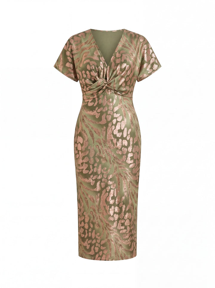 Midi dress with a flattering effect, central knot, and flowing drape