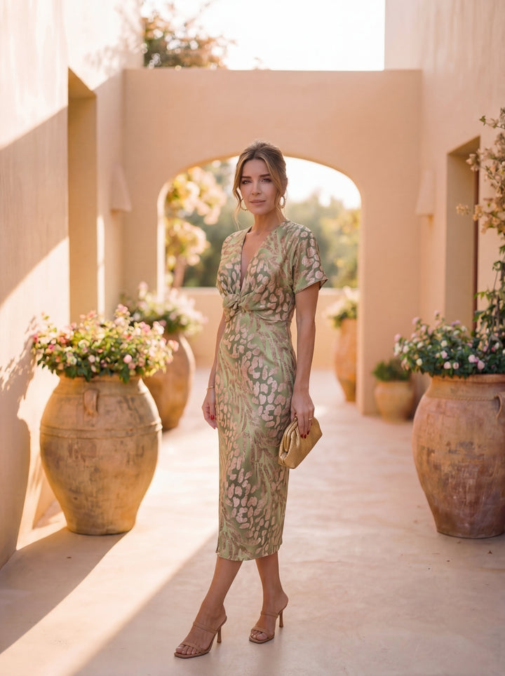 Midi dress with a flattering effect, central knot, and flowing drape