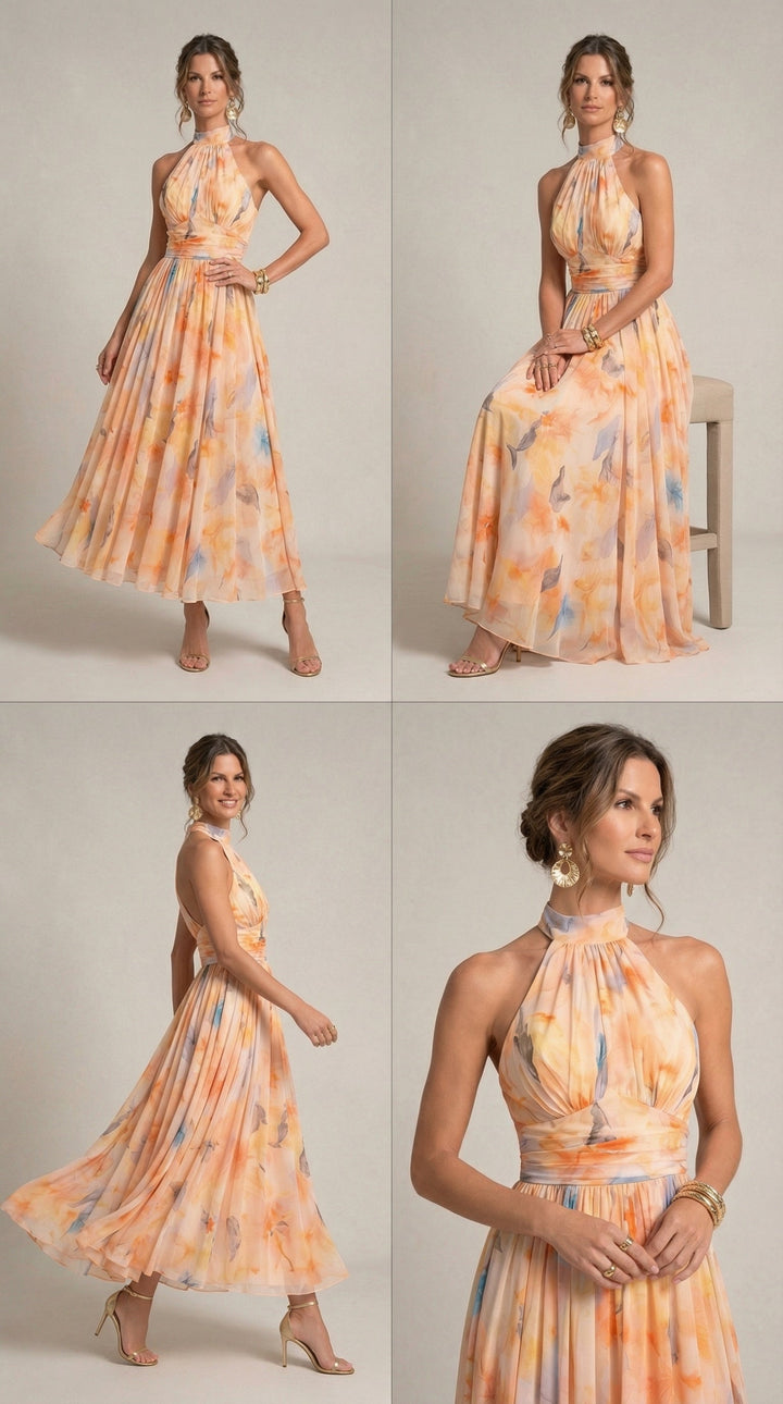 Esther™ | Halter Neck Dress with Watercolor Print