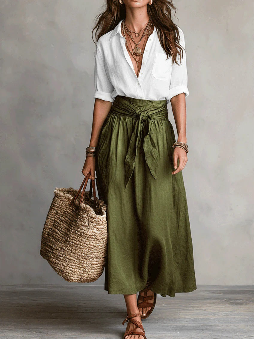 RIVER | Two-piece set: black shirt and olive green midi skirt