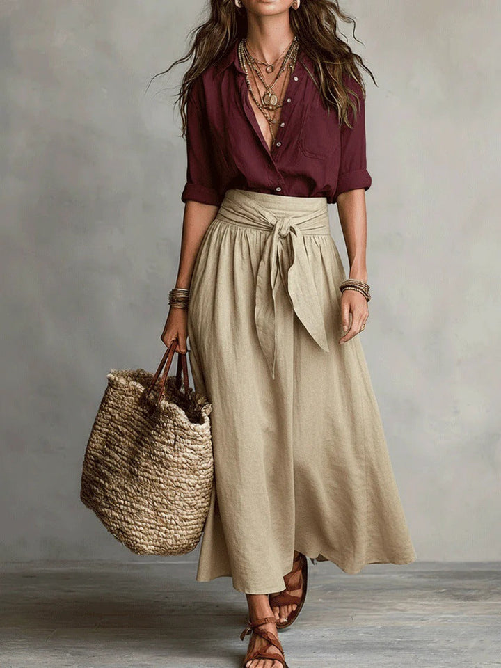 RIVER | Two-piece set: black shirt and olive green midi skirt