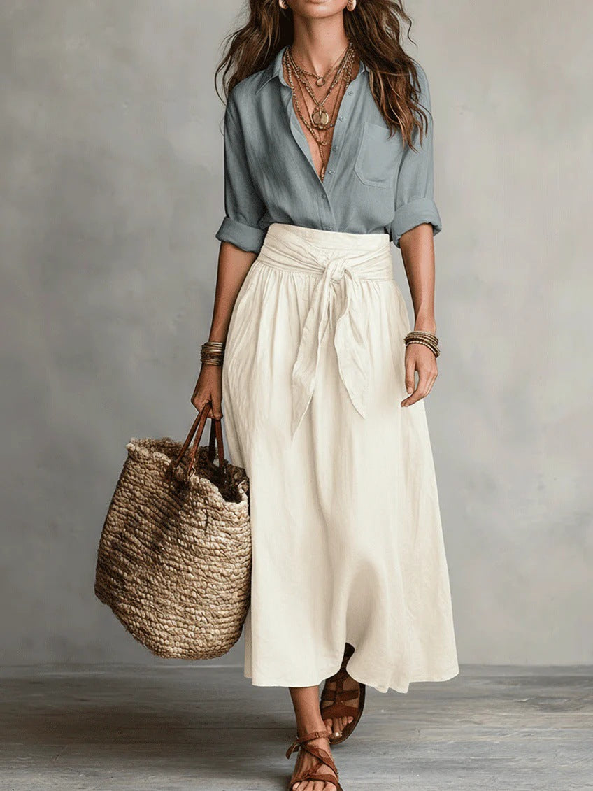 RIVER | Two-piece set: black shirt and olive green midi skirt