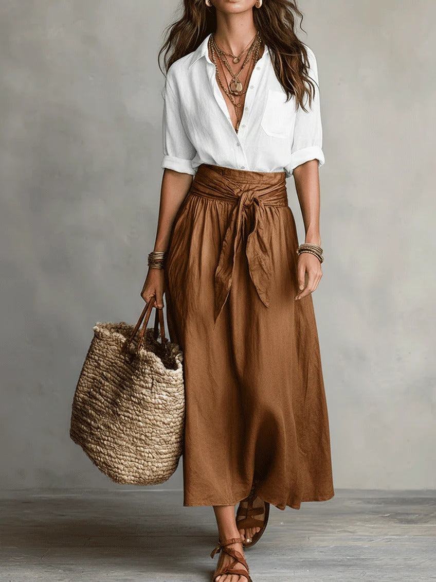 RIVER | Two-piece set: black shirt and olive green midi skirt