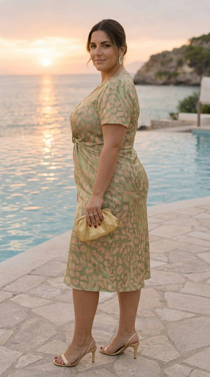 Midi dress with a flattering effect, central knot, and flowing drape