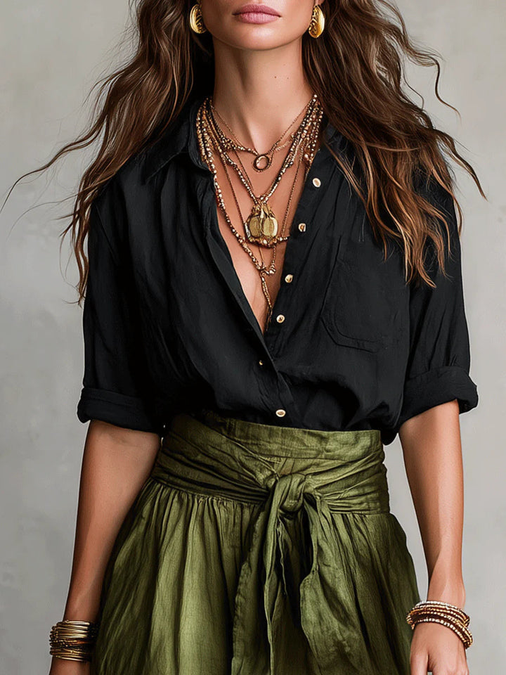 RIVER | Two-piece set: black shirt and olive green midi skirt
